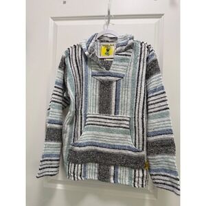 Iguana Jack Baja Hoodie‎ Mens Medium Blue Teal Striped Pullover Drug Rug NWT